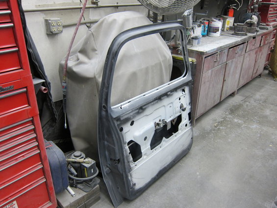 Truck door, interior view, primer finish