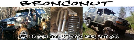 Camouflaged Ford Bronco off-roading, showing suspension details. Text reads '1995 EB BLUG SAS 37" TSVS, K&N, MSD IGN.'