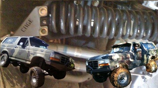 Two camouflage Ford Broncos with lifted suspension and off-road tires