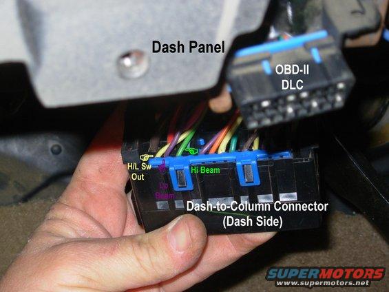 hlall1.jpg I've decided to use the simple shunt with a switch for my all-on headlight mod.  My first step was to ID the wires in the column connectors.  The diagram I found indicates Tan for low, but my truck uses Purple.

[url=http://www.supermotors.net/vehicles/registry/media/894366][img]http://www.supermotors.net/getfile/894366/thumbnail/headlightsall.jpg[/img][/url]