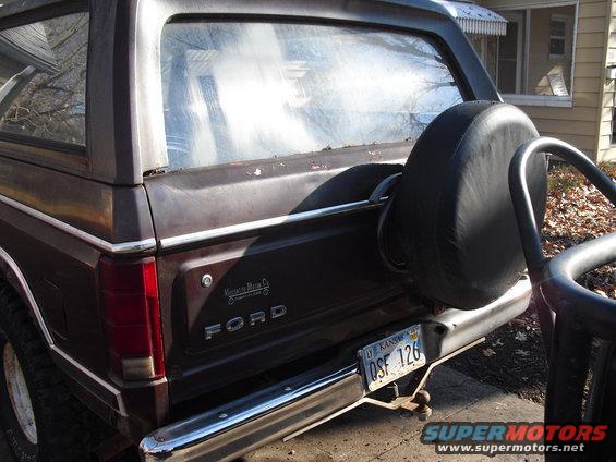 1986 Ford Bronco rear with spare tire carrier and Kansas license plate