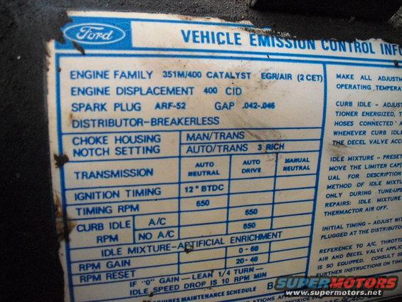 Ford Vehicle Emission Control Information sticker with engine details