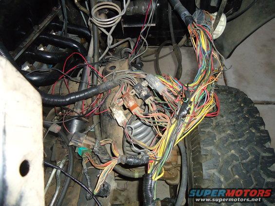 Tangled engine wiring harness with many colorful wires and connectors