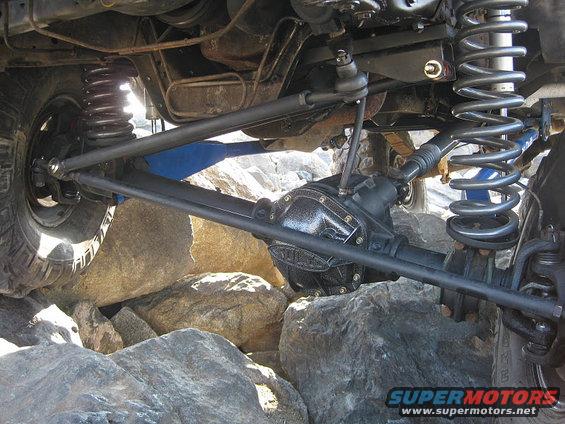 Underneath view of a vehicle's front axle, differential, steering linkage, and coil spring suspension on rocky terrain