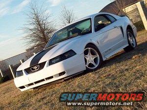 White 2000 Ford Mustang with black racing stripes on the hood