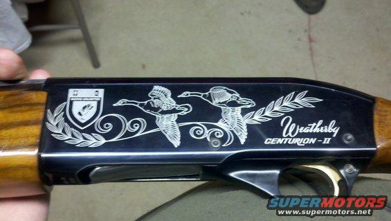 Weatherby CENTURION-II shotgun receiver with engraved ducks and shield emblem