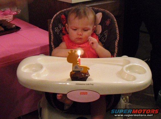 Baby in high chair looking at a cupcake with a lit candle