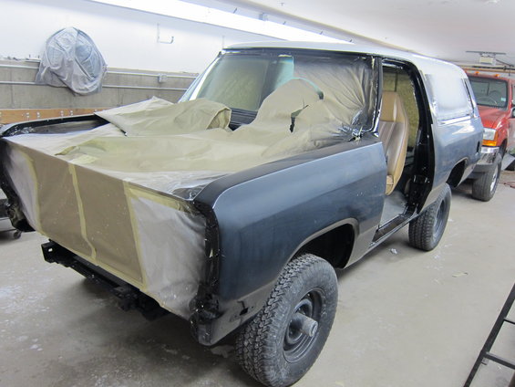 1987 Dodge Ramcharger in garage, hood and doors open, covered in masking paper