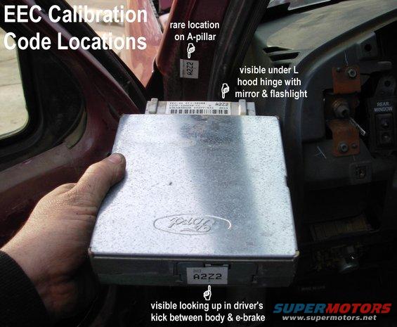 eec93calcodes.jpg Calibration Code Locations
http://www.oldfuelinjection.com/?p=17

To remove the EEC, it may be necessary to either buckle the plastic wheelwell down using a heavy tool, or to remove several of its screws so it hangs down, allowing the EEC to slide forward & out of the firewall into the engine bay.

I haven't found any pattern to which trucks got the A-pillar sticker, but it appears to be ONLY after '92.

[url=https://www.supermotors.net/registry/media/892730][img]https://www.supermotors.net/getfile/892730/thumbnail/eecconnectors.jpg[/img][/url]