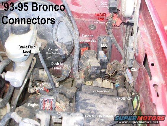 connectors93.jpg '93-95 Bronco Connectors under the L hood hinge
IF THE IMAGE IS TOO SMALL, click it.
'92 & all F-series do not have the red 4WABS test connector; '96 does not have the DLC.
'94-96 trucks with cruise have the SCCDS on the master cylinder in front of the fluid reservoir; '92 cruise is vacuum-operated.

[url=https://www.supermotors.net/registry/media/892730][img]https://www.supermotors.net/getfile/892730/thumbnail/eecconnectors.jpg[/img][/url] . [url=https://www.supermotors.net/registry/media/901696][img]https://www.supermotors.net/getfile/901696/thumbnail/eecburned9258e4oda2z.jpg[/img][/url]

See also:
[url=https://www.fordparts.com/FileUploads/CMSFiles/18376%20Pigtail%20Book%202016.pdf]MotorCraft 2016 Wiring Pigtail Guide[/url]