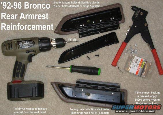 reararmrestrepair.jpg '92-96 Bronco Rear Armrest Reinforcement
IF THE IMAGE IS TOO SMALL, click it.

Don't wait until they break to do this.