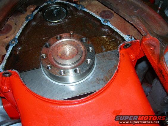 Engine block with gasket and bolted flange assembly. Orange painted bracketry is visible