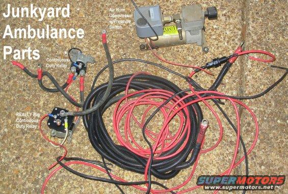 ambulancewiring.jpg MAJOR score at the JY today!  I haven't tried to read any specs on the CD relays, but they're probably big enough for an aux battery (my main purpose) and a winch (not something I'll do).  The big sheathed cable will be perfect for a remote aux batt, and I'll probably slave a few other compressors off that one's switch for OBA.

All for less than a fillup.  Turns out the big relay is [url=http://www.wiringproducts.com/contents/en-us/p4000.html]$87 plus sh 200A[/url].

See also:
[url=http://www.supermotors.net/registry/media/910636][img]http://www.supermotors.net/getfile/910636/thumbnail/batteries.jpg[/img][/url] . [url=http://www.supermotors.net/registry/media/905321][img]http://www.supermotors.net/getfile/905321/thumbnail/battrelayaux.jpg[/img][/url] . [url=http://www.supermotors.net/registry/media/974562][img]http://www.supermotors.net/getfile/974562/thumbnail/33relays.jpg[/img][/url]