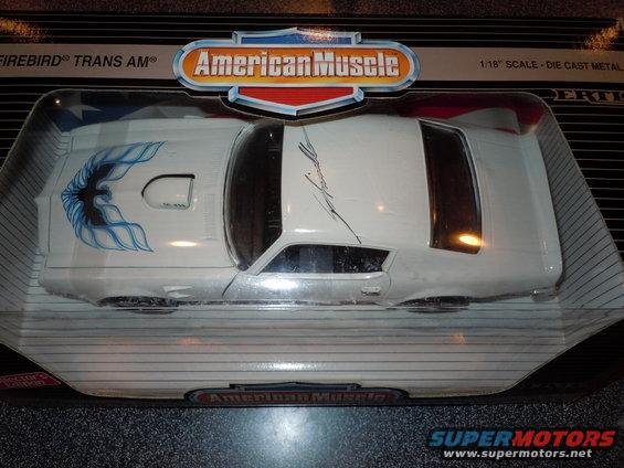 White 1973 Pontiac Trans Am model car with blue bird decal, 3q-front view