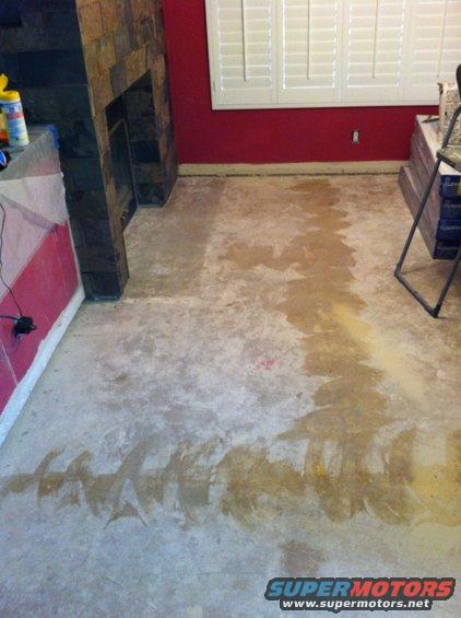 Interior scene with stained concrete floor and fireplace