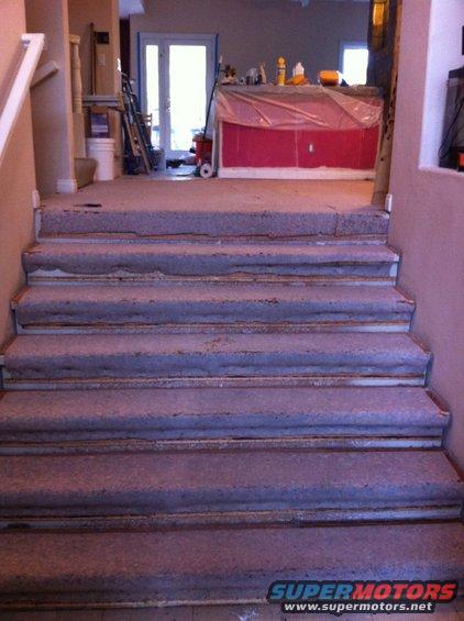 Staircase with worn carpet, leading to a room with plastic sheeting and construction materials