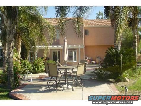backyard patio with table, chairs, umbrella, and palm trees