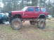 1978 Ford Bronco - Modified Jeep Cherokee with oversized tires sits in a grassy area next to another vehicle.