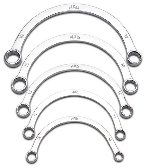 Set of five MAC Tools offset wrenches with sizes 10mm through 19mm stamped on them