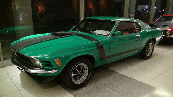 Green 1970 Ford Mustang Boss 302 with black stripes