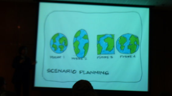 Presentation slide titled 'SCENARIO PLANNING' with four cartoon earths labeled 'FUTURE 1', 'FUTURE 2', 'FUTURE 3', 'FUTURE 4'