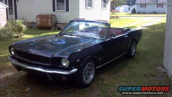 Black 1965 Ford Mustang convertible with red interior parked on grass