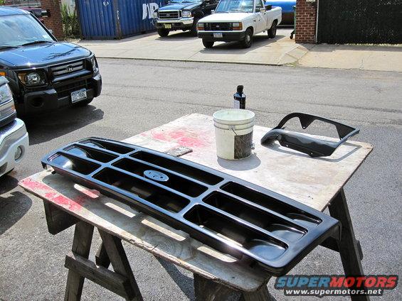 same with all the chrome plastic parts, door handles, wipers and antenna. windshield trim as well. FORD oval is original! i ordered the grill and head light bezels black off of ebay. all three were a different shade of black so needed to paint those.