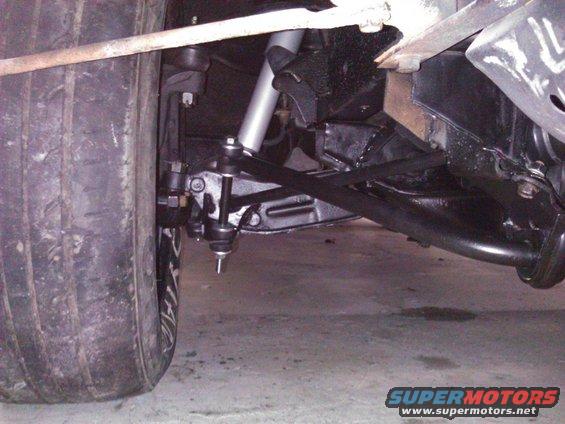 Tire and suspension parts of a car, showing a shock absorber, control arms, and tie rod