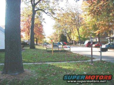 Street scene with parked cars and fall foliage. Signage visible