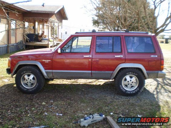 Red Jeep Cherokee side view, showing the "Cherokee" badge on the front fender and "4x4" on the rear quarter panel