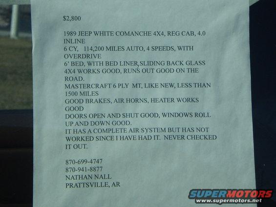 White paper with black text detailing a 1989 Jeep Comanche 4x4 for sale