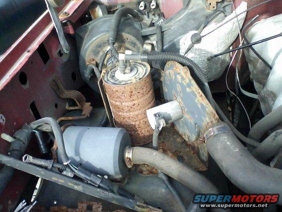 Engine bay with rusty fuel filter and air filter housing. Red paint visible on fender