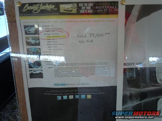 Auction document for a 1970 Pontiac Firebird Trans Am, showing sale price and notes