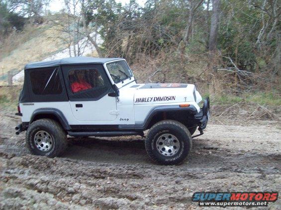 White Jeep Wrangler with black soft top and "HARLEY DAVIDSON" decal on hood, driving on a dirt trail