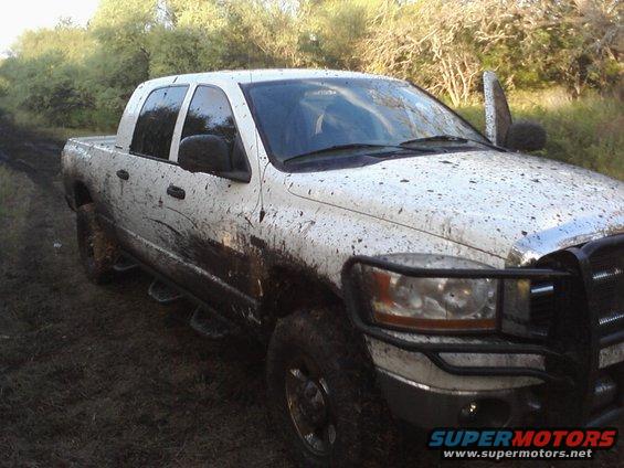Mud-splattered white pickup truck with its driver's door open, parked on a muddy track
