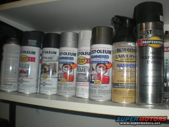 Assortment of Rust-Oleum spray paint cans on a shelf