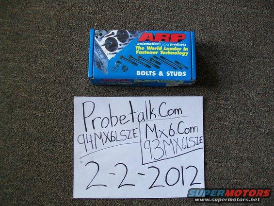 Box of ARP bolts and studs, with a handwritten note listing "94MX6LSZE Mx6.Com 93MX6LSZE 2-2-2012"