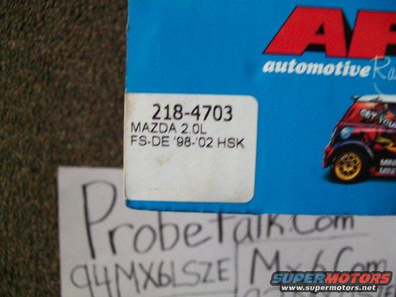 Part label for Mazda 2.0L FS-DE '98-'02 HSK, with handwritten '94MX6LSZE' and 'ProbeTalk.com'