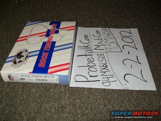 Box of rock timing belts and a paper note with 'Probetalk.Com 94 MX6LSZE 93 MX6LSZE 2-2-2012' written on it
