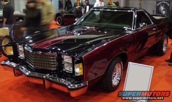 Black and maroon 1979 Ford Ranchero 3q-front view with red racing stripes