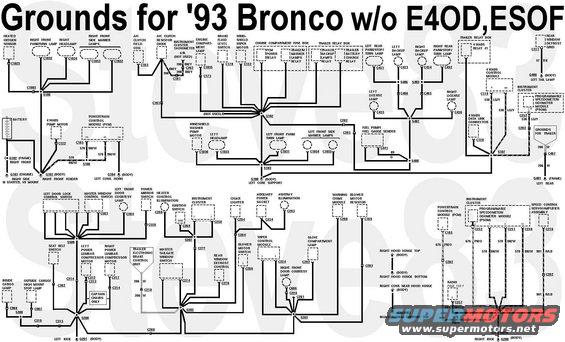 grounds93b.jpg '93 Bronco Grounds; '87-96 Bronco/F-series similar
IF THE IMAGE IS TOO SMALL, click it.

This diagram is compiled for a truck without E4OD or ESOF, and a 4.9L engine (which wasn't offered in a '93 Bronco).  Splice 207 has been corrected.  Note the unnamed connector (C2??) near S207: it's a 1-pin gray connector taped into the main dash harness (14401) 6&quot; left from the chime takeout.

This diagram does not show the radio suppression bond straps running from the frame to the body, which are not power grounds, and neither are the 2 that ARE shown between the blower resistor & EEC.  One of the straps NOT shown goes from the RHF sway bar tab to the core support; another goes from the 3rd LHS body mount bracket to the cab structure.

It's possible that the G100 circuit is linked to [url=http://www.supermotors.net/registry/media/829927]G101[/url] inside the HCU.  Some later trucks have G104 linked to G100.

G102 isn't an official Ford label, but this is what I use it to identify:
[url=http://www.supermotors.net/vehicles/registry/media/770502][img]http://www.supermotors.net/getfile/770502/thumbnail/02groundframe.jpg[/img][/url]
[url=http://www.amazon.com/dp/B000O0QLD6/]Motorcraft F2TZ-14301-B[/url] Negative Battery Cable with body, frame, & block grounds

See also:
http://www.bbbind.com/tsb-wiring-diagrams-database/
[url=http://www.supermotors.net/registry/2742/84974-4][img]http://www.supermotors.net/getfile/1067160/thumbnail/intro01.jpg[/img][/url] . [url=http://www.supermotors.net/registry/media/907034][img]http://www.supermotors.net/getfile/907034/thumbnail/radiobondstraps.jpg[/img][/url] . [url=https://www.supermotors.net/registry/media/849725][img]https://www.supermotors.net/getfile/849725/thumbnail/fusesblades.jpg[/img][/url]

For '79 & similar trucks, see:
http://www.supermotors.net/registry/24302/78593-2
___________________________________________________
&quot;Grounding&quot; is commonly misunderstood...

When electricity first became publicly available (when Edison & Tesla were fighting over DC vs. AC), Copper wire was very expensive. So rather than run 2 wires everywhere, Tesla realized he could run a &quot;hot&quot; wire, and then use the ground (the actual dirt of the Earth) as the return circuit path. (He also thought he could use the ionosphere as the hot side, but he never got that to work.)  Inside a house, there still had to be 2 wires, but one of them went &quot;to the ground&quot; via a Copper rod driven into the dirt outside the house. That became known as &quot;the ground wire&quot;. When vehicles acquired electric circuits (AFAIK, the first on any Ford was the electric horn, which Ford always numbers as circuit #1), it was equally-efficient to use the metal chassis of the vehicle as one of the main electrical pathways, to reduce the amount of wire needed. And the term &quot;ground&quot; was carried over into that arena. Chassis grounding worked reasonably-well until alternators got up into the ~100A range (in the 80s) and vehicle wiring harnesses began to exceed the weight of the drivetrain (AFAIK, the first to cross that line was the '92 Lincoln Continental V6). Since then, more circuits are networked through high-speed data bus lines via communication modules so that you don't need a discrete wire running from one end of the vehicle to the other & another coming back to turn on a taillight, and confirm that the bulb isn't burnt out.

But as a result, the chassis/body ground is no longer sufficient to provide a reliable circuit path without introducing a lot of background noise (RFI) into those minuscule high-frequency data signals. So the trend for a couple of decades now has been to run actual Copper return wires so that far less current flows through the chassis steel. (House wiring standards added a return &quot;neutral&quot; wire decades before that.)

So by definition, if you're using a wire to return to the battery, you're not &quot;grounding&quot; that circuit - you're wiring it. And wiring it is a good idea when you're dealing with rusty 40- to 50-year-old body & frame steel. The catch is that the return wiring has to be AT LEAST as large as ALL the power wiring that it serves - IOW, very big like the alternator output wire, the starter wire, the winch wiring, and the ignition switch battery-supply wires. None of it needs to be bigger than the battery cables because you can't ever get more current flowing than the battery can put out (roughly whatever its CA rating is).

So if you want to be sure you have a good return path throughout any vehicle, just extend the battery (-) cable all the way to the trailer connector. Obviously, you can't run a cable that big into the trailer connector or anything else - you have to splice onto it to branch off with smaller black wire (or whatever color the particular circuit uses for &quot;ground&quot;). That's why I refer to that as a &quot;trunk ground&quot; system - the main return wire is like a big tree trunk, with the variously-sized smaller branches shooting out to hit each point on the vehicle that needs an exceptionally-reliable return (generally: the high-current devices; and those that require low RFI noise, like audio amplifiers).

Fortunately, those splices DON'T need to be insulated - they can be left showing bare metal. Copper & solder don't corrode very quickly in air, or even in common rainwater. Mainly just at the battery where acid leaks out. Road salt will eventually cause some corrosion, but probably not enough to matter within the remaining lifespan of even the best-maintained antiques.

And the body & frame should still be GROUNDED at a few points, just to reduce galvanic corrosion, and to serve the very-low-current chassis-grounded loads like taillights & fuel level senders.

Some vehicles also have large un-insulated woven wire straps joining large metal components, but those are not power grounds.  Those are RFI grounds, used to reduce the amount of electromagnetic noise passing through those components. 