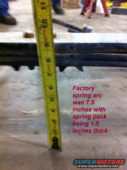 Measuring a leaf spring pack with a tape measure. Text says factory spring arc was 7.5 inches and pack is 1.5 inches thick