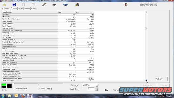 Computer screen showing CalEdit v1.30 software with engine tuning parameters listed