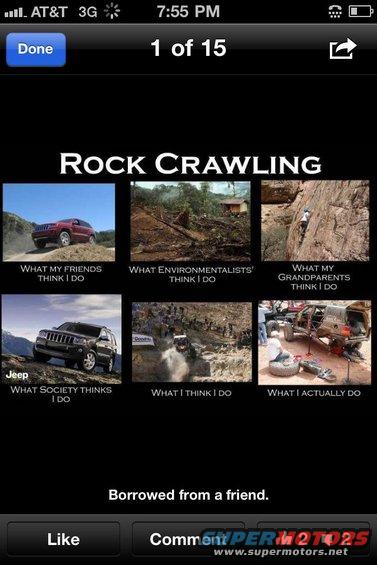 Meme titled 'ROCK CRAWLING' with six panels depicting different perceptions and realities of off-roading