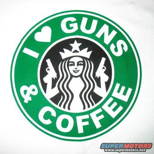 Logo with text 'I love guns & coffee' and a siren holding two guns