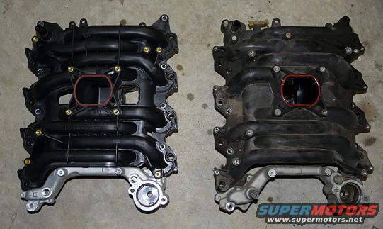 Two black plastic intake manifolds side-by-side on a concrete surface