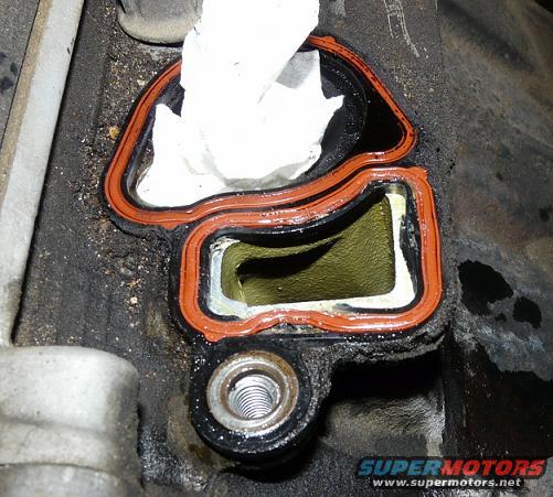 Engine intake manifold gasket with orange seal, paper towel stuffed inside opening