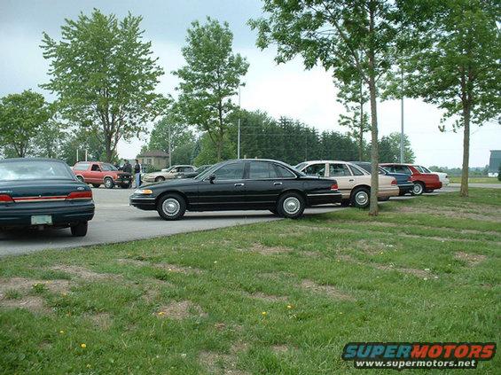 Black sedan parked on asphalt, side view. Other cars and trees in background