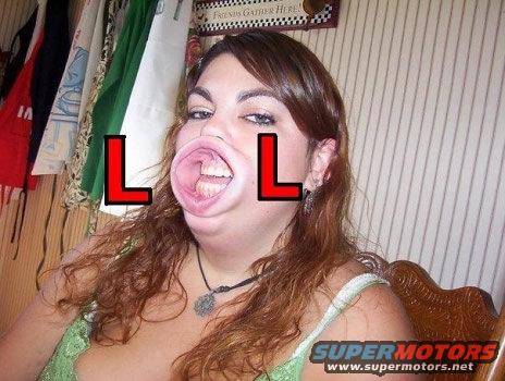 Woman with large mouth opening, red L shapes on cheeks, green top, necklace