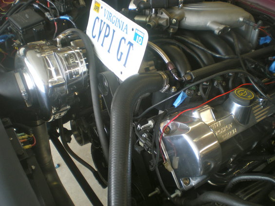 Engine bay with a polished supercharger and chrome valve covers. Virginia license plate reading CVPI GT is visible